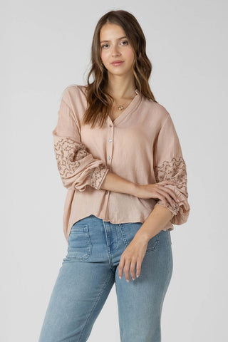 Embroidered Button Front Blouse
